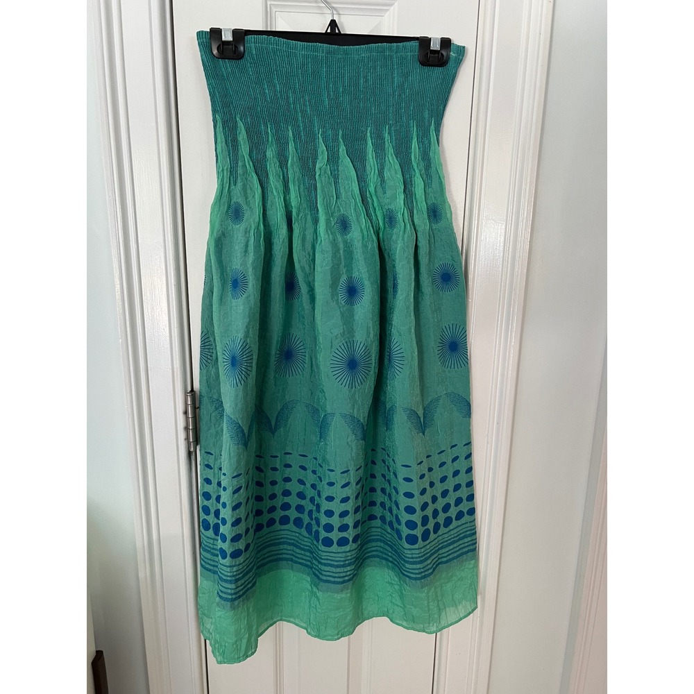 Lapis Smocked Tube Dress Midi Skirt Teal Blue Sunburst Print One Size Boho
